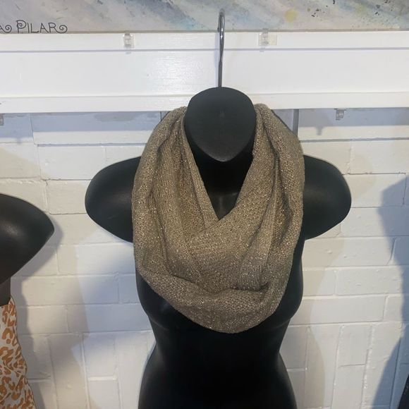 New York & Company Taupe / Beige Infinity Scarf with Metallic Gold thread Detail - Picture 3 of 6